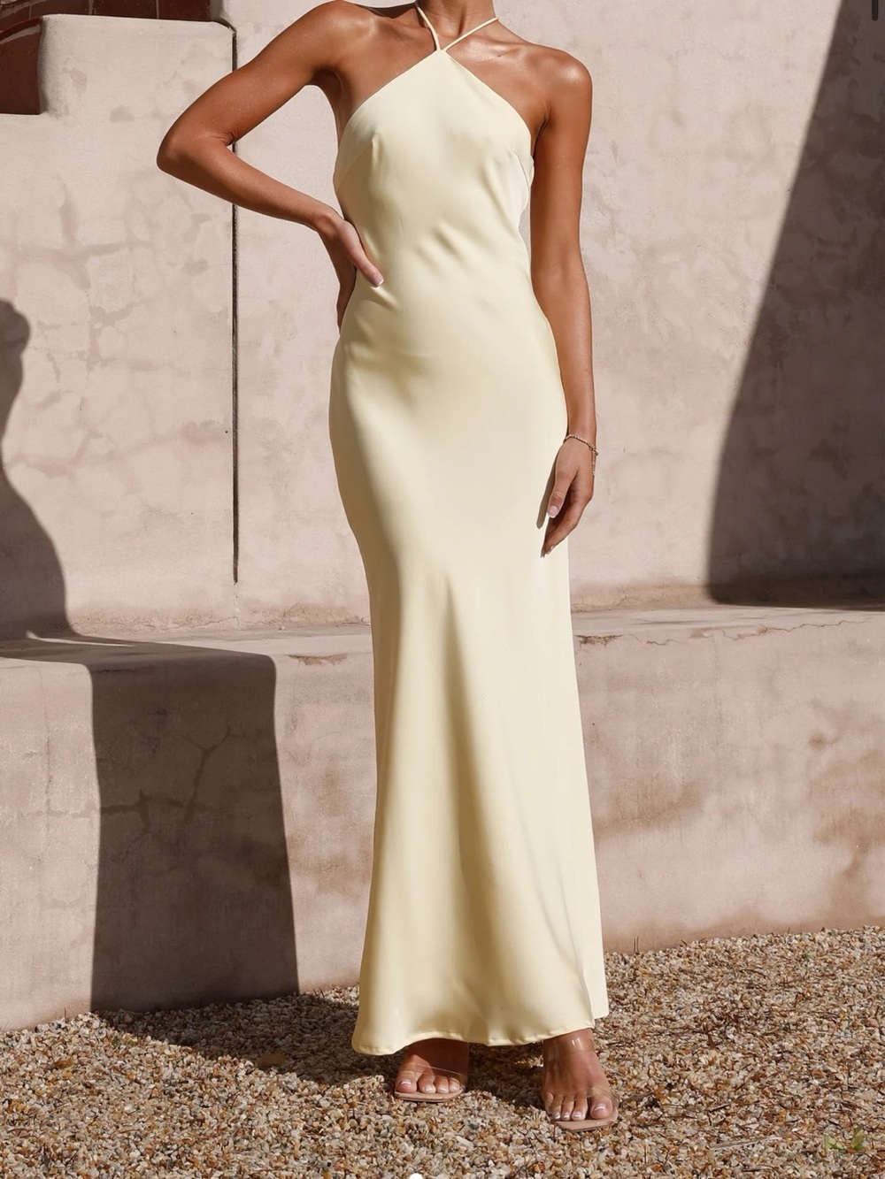 Light Yellow Halter Maxi Dress - Sleek Evening Slip